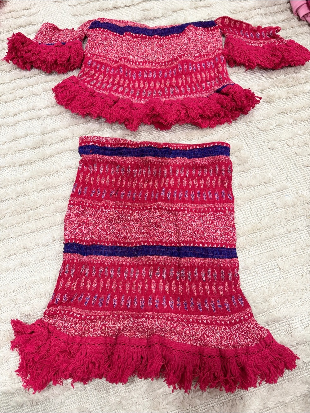 Luxxel Hot Pink Fringe Knit Two-Piece Skirt Set with Blue Trim
